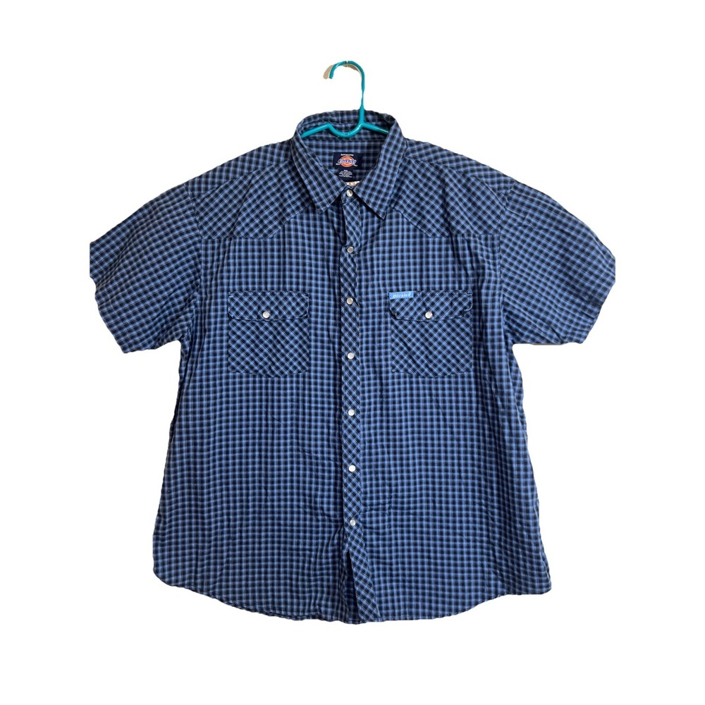 Dickies Mens 2XL Blue Plaid Pearl Snap Short Sleeve‎ Shirt Work Western